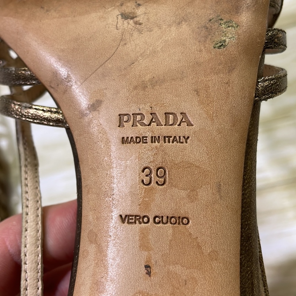 Prada womens 39 US 8 gold shine leather strap heel shoes EUC made in Italy EUC - Picture 4 of 8